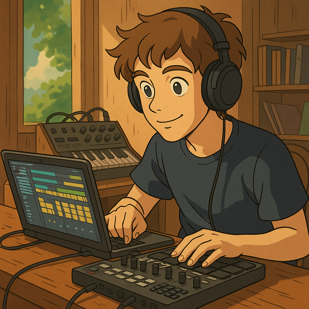 cartoon of bobby the dev making music